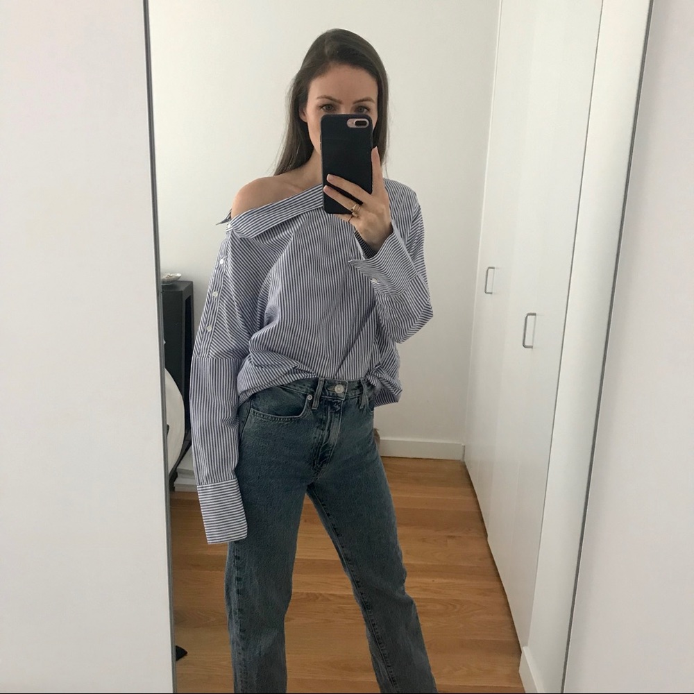 Babaton pinstripe one-shoulder blouse